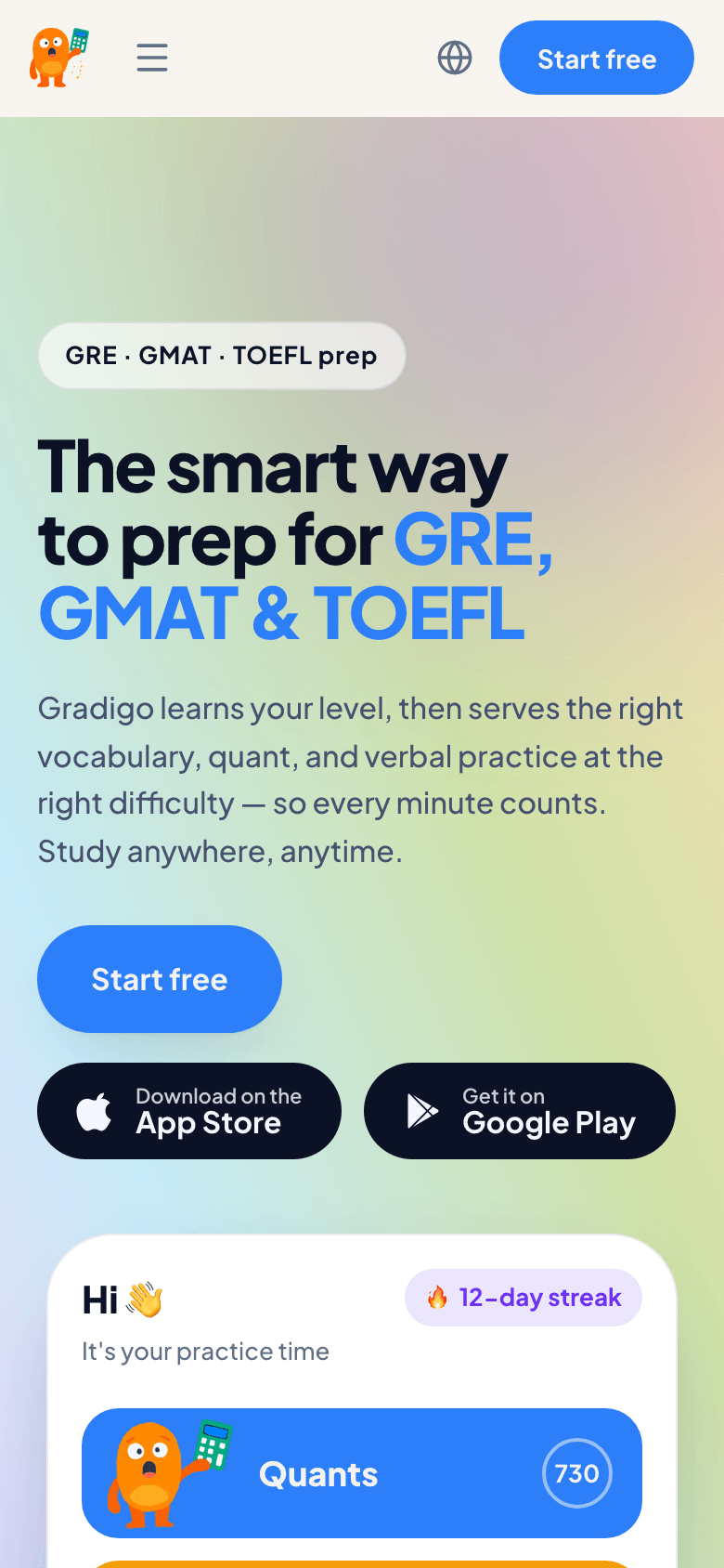 Gradigo learning dashboard shown on a phone.